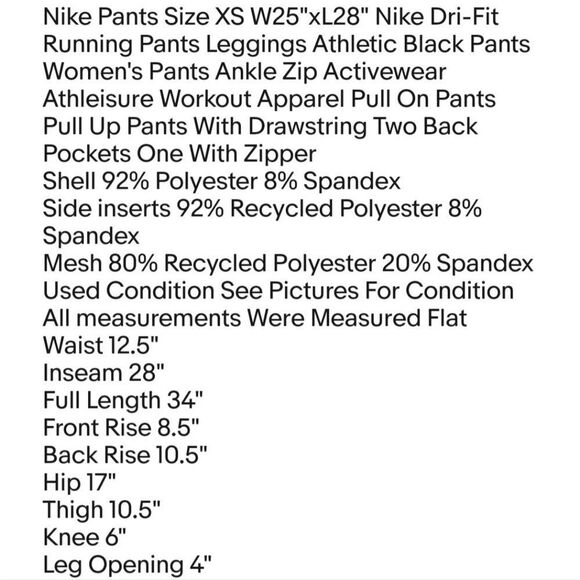 Nike Pants Size XS W25"xL28" Nike Dri-Fit Running Pants Leggings Athletic Black - Picture 2 of 8